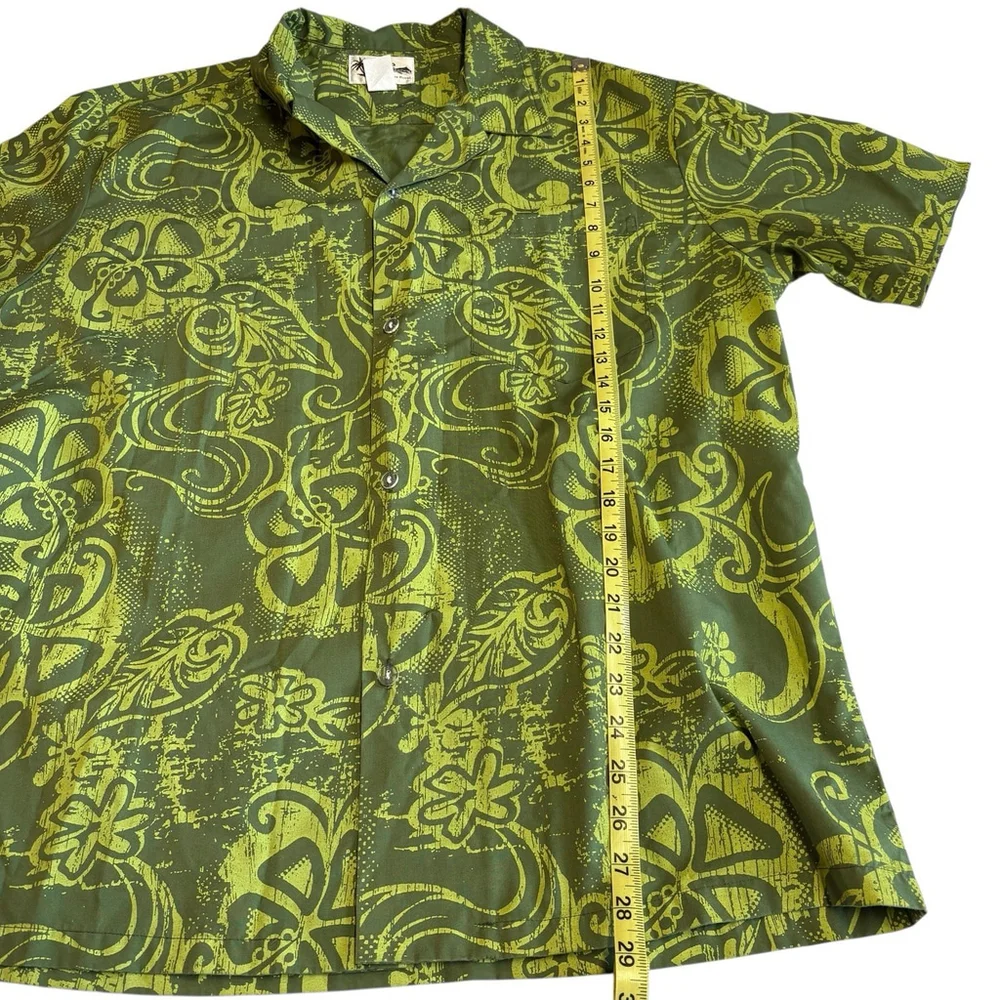 Howie Made in Hawaii Button Front Aloha Shirt XL Green Yellow Floral Tribal
